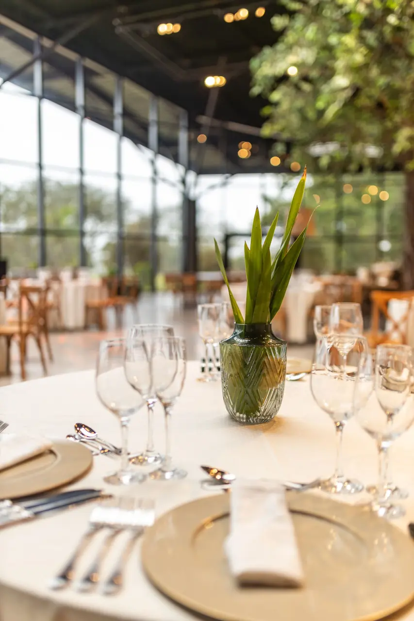 Architectural dining hall perspective with natural daylight and bronze architectural lines